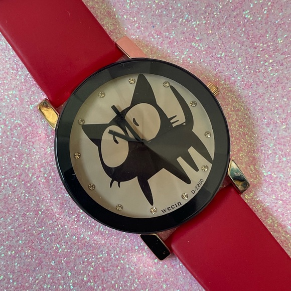 wecin Accessories - Brand New Wecin Watch Red Strap Black Cat with Crystals Cartoon Kitty